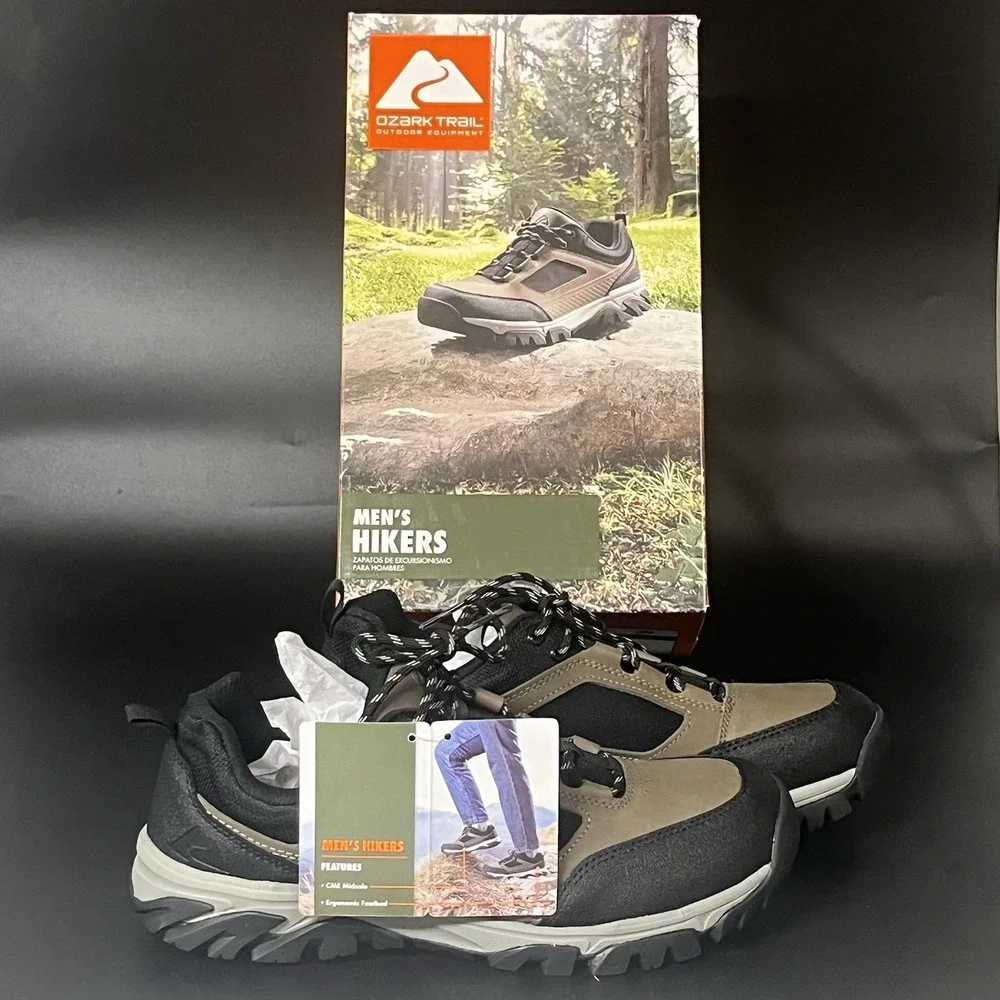 Ozark Trail Stone Mens Hiking Shoes Taupe Black Leather Low Top Size 11 NEW